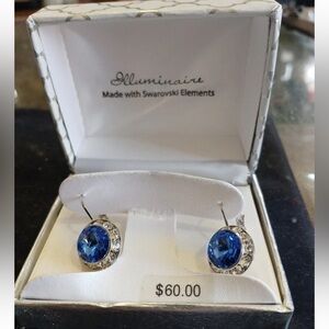 Illuminaire Blue Drop Earrings w/ Swarovski Crystal Fine Silver Plated Round EUC